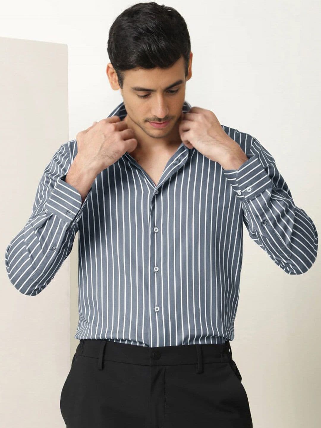 MISCHIEF MONKEY Classic Striped Cotton Spread Collar Curved Formal Shirt - view 1