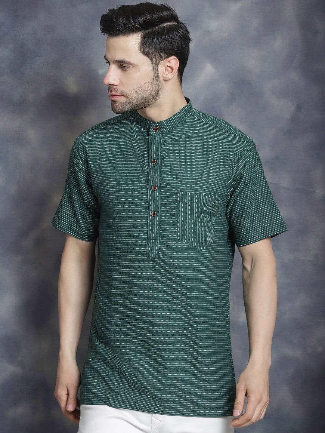 Sayesha Striped Thread Work Band Collar Cotton Kurta - view 1