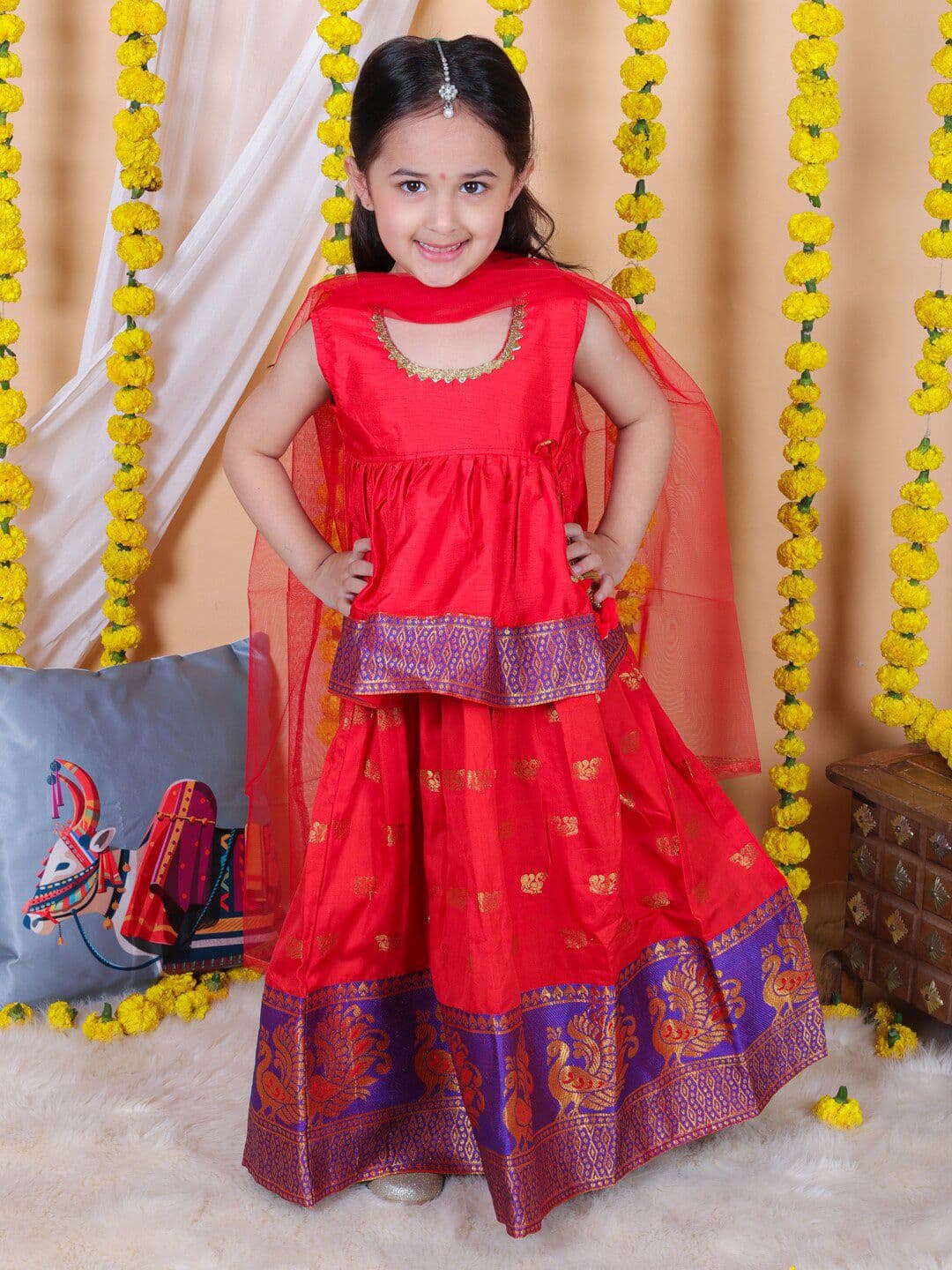 BownBee Girls Jacquard Gotta Patti Ready to Wear Lehenga & Blouse With Dupatta - view 1