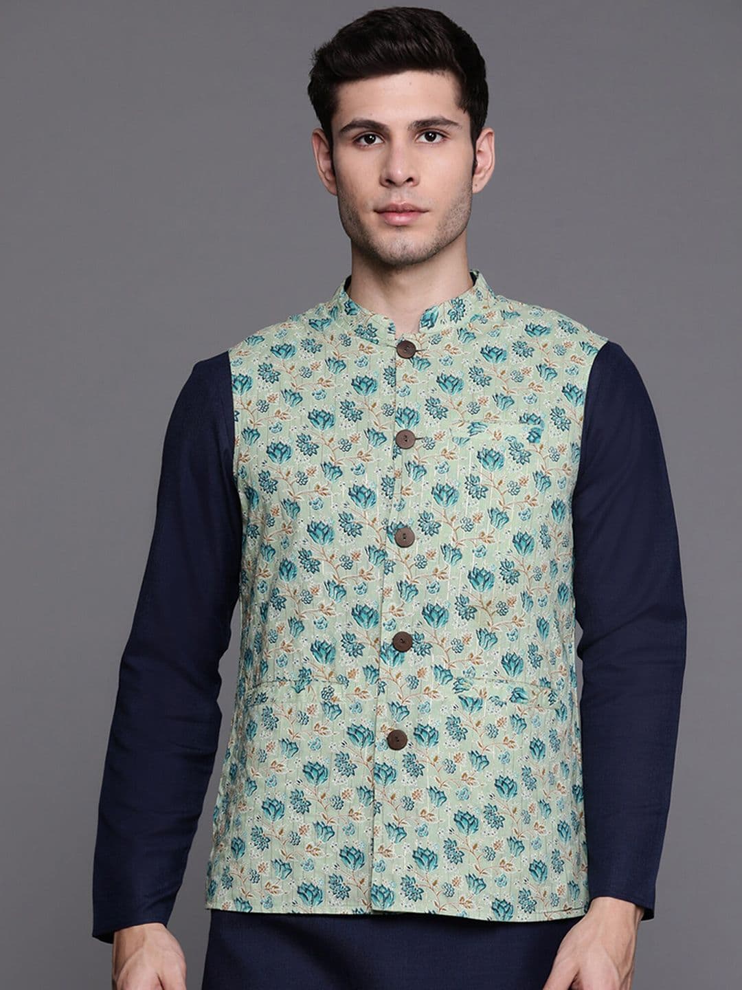 Indo Era Sea Green Printed Mandarin Collar Pure Cotton Nehru Jacket - view 1