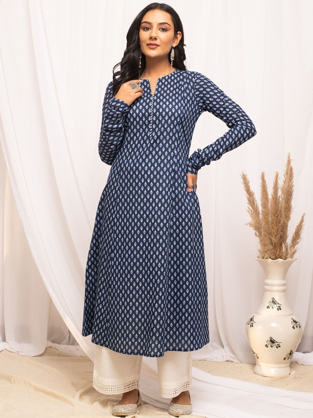 FIORRA Ethnic Motifs Printed Notched Neck Pure Cotton A-Line Kurta - view 1