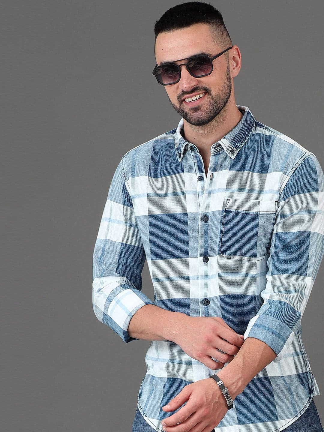 HERE&NOW Blue Slim Fit Checked Button-Down Collar Opaque Cotton Casual Shirt - view 1