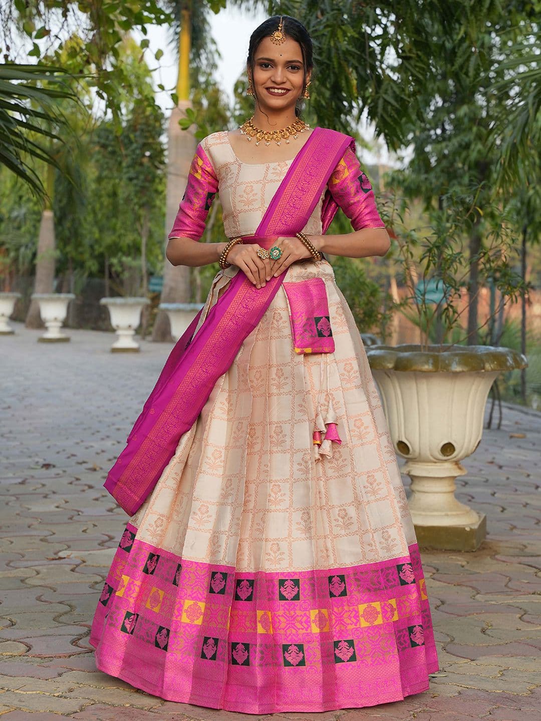 Fabcartz Woven Design Semi-Stitched Lehenga & Unstitched Blouse With Dupatta - view 1