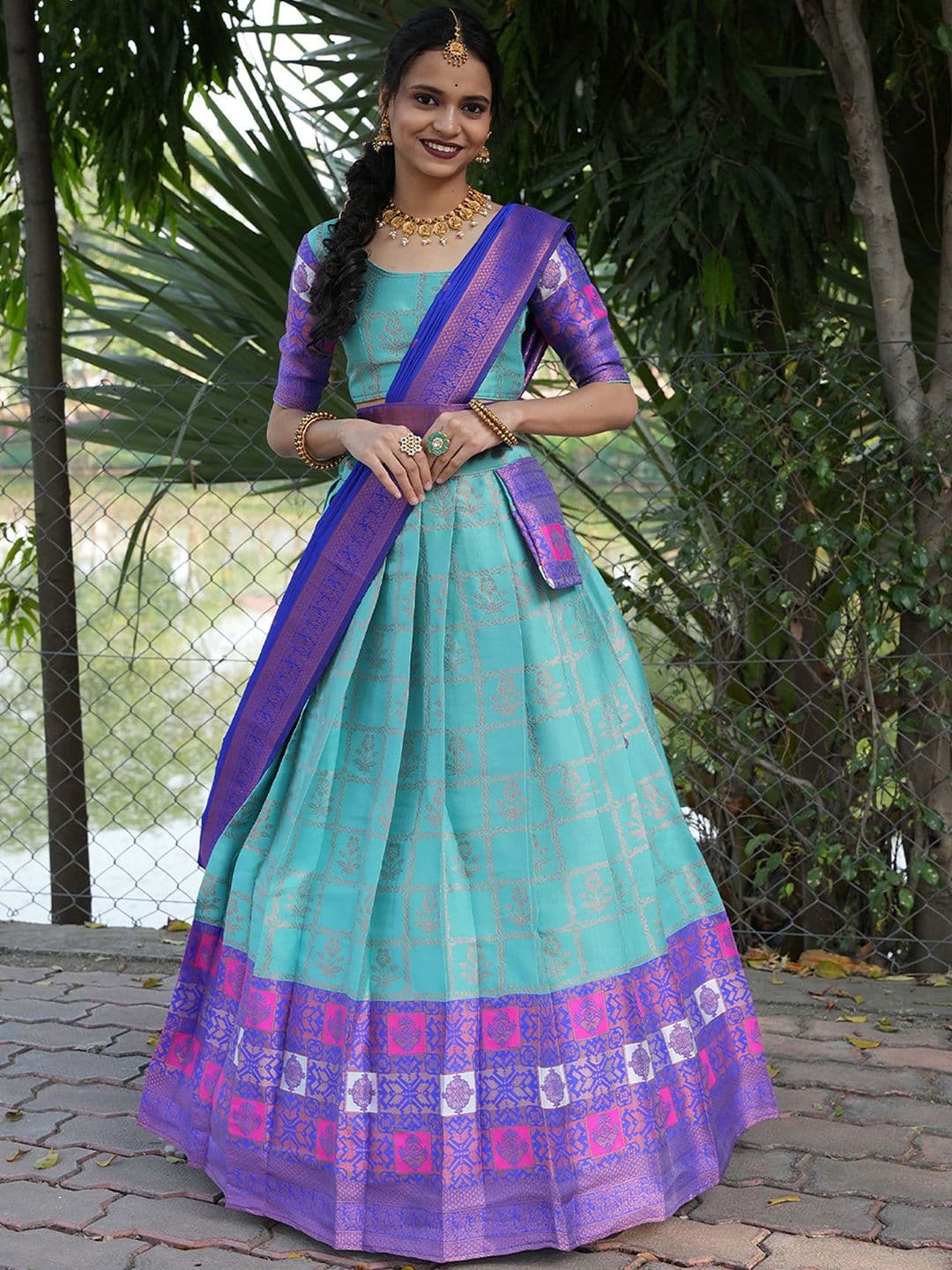 Fabcartz Woven Deisgn Semi-Stitched Lehenga & Unstitched Blouse With Dupatta - view 1