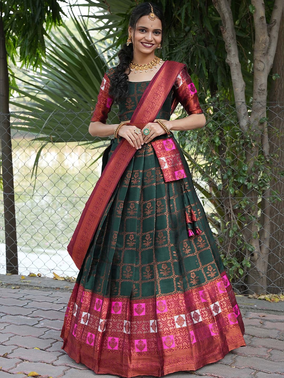 Fabcartz Woven Design Semi-Stitched Lehenga & Unstitched Blouse With Dupatta - view 1