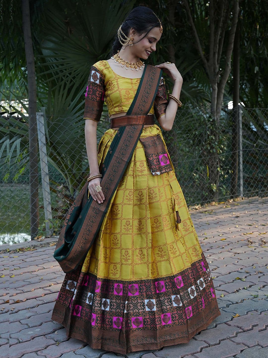 Fabcartz Woven Design Semi-Stitched Lehenga & Unstitched Blouse With Dupatta - view 1