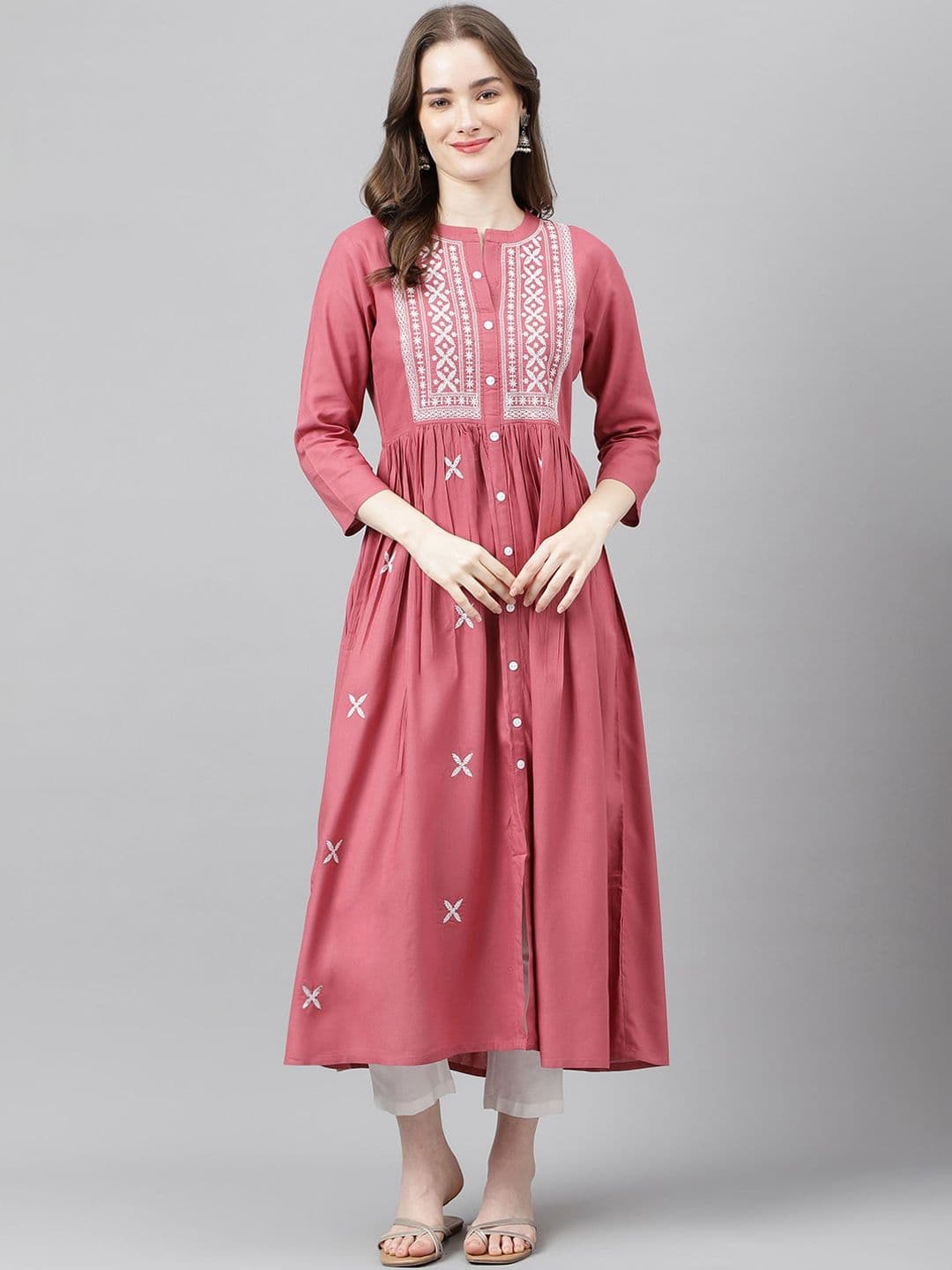 ANANDITA Ethnic Motifs Embroidered Thread Work Detailed Pleated A-Line Kurta - view 1