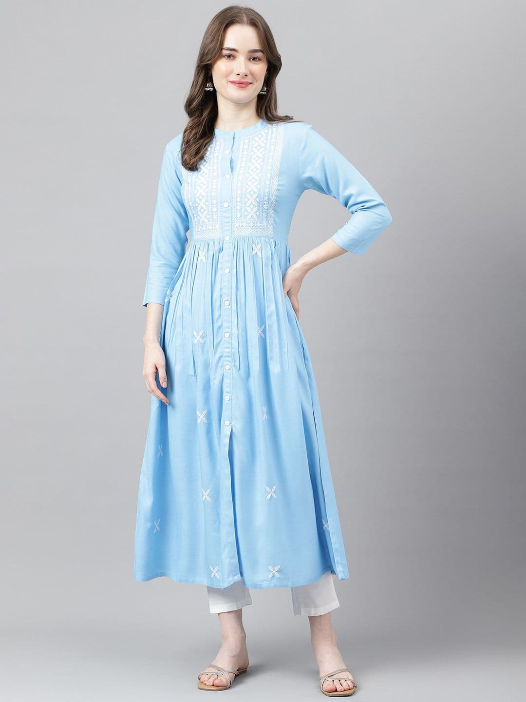 ANANDITA Ethnic Motifs Embroidered Thread Work Detailed Pleated A-Line Kurta - view 1