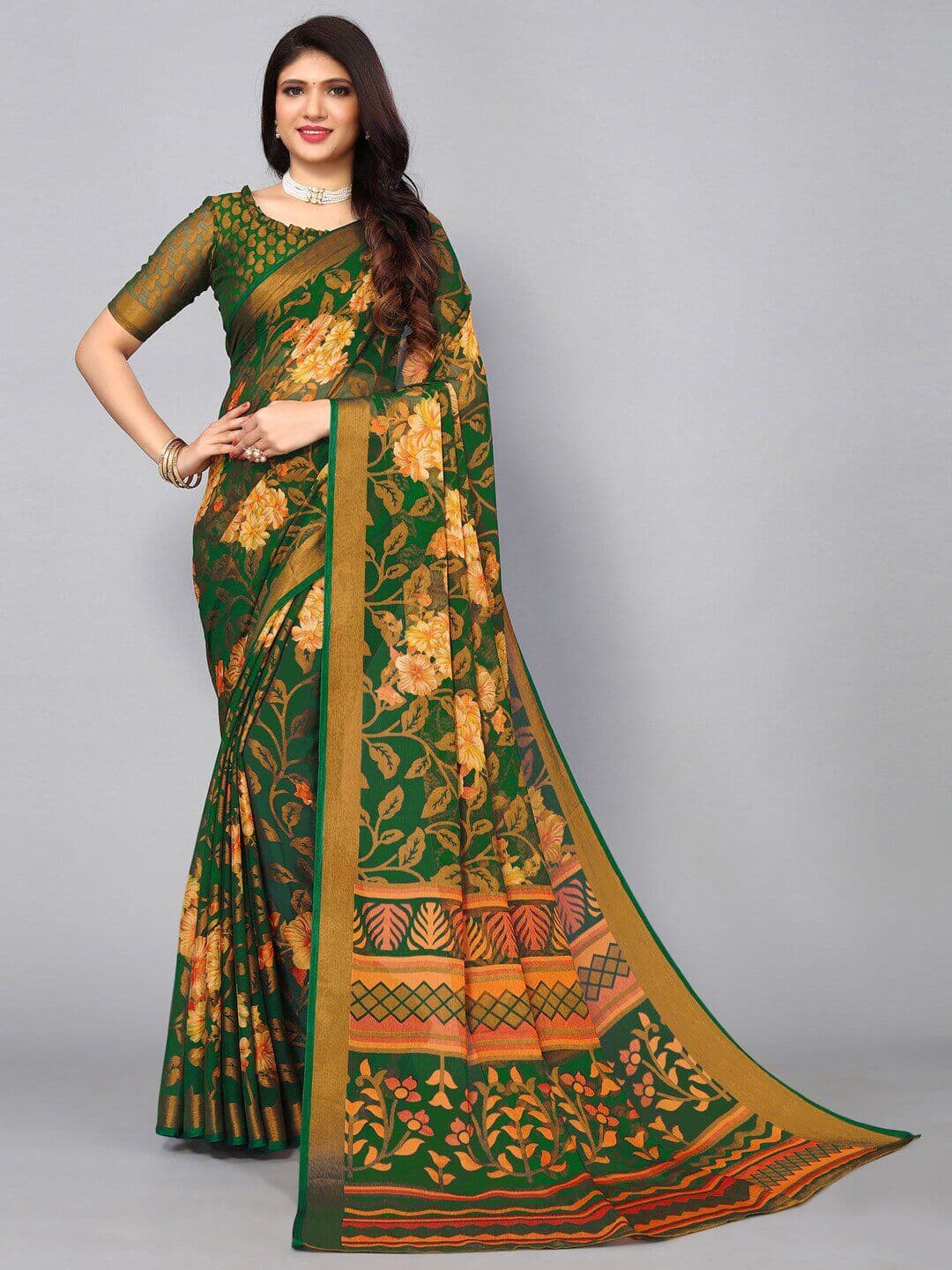SANJANA SILK SANJANA SILK Floral Printed Zari Brasso Saree - view 1