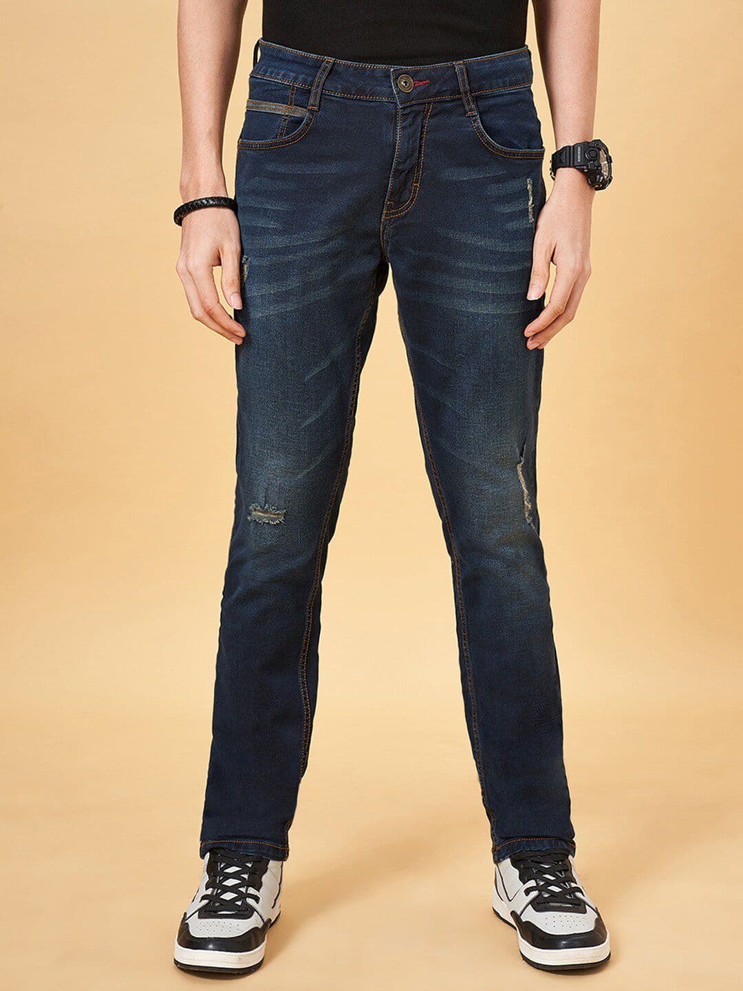 SF JEANS by Pantaloons Men Slim Fit Low Distress Light Fade Stretchable Jeans - view 1