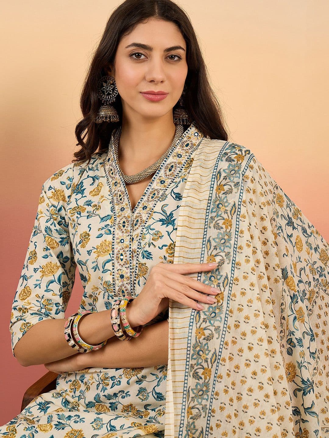 Sangria Floral Printed Pure Cotton V Neck Kurta With Trousers & Dupatta - view 1