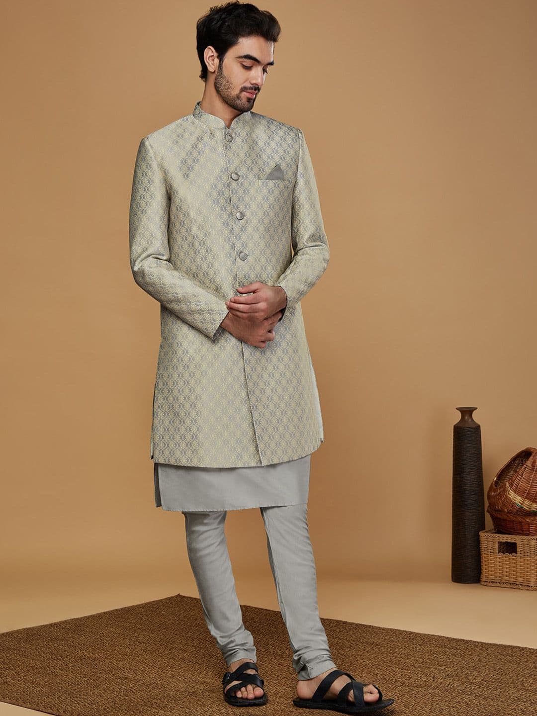 KISAH Men Self-Design Mandarin Collar Kurta Indowestern Sherwani Churidar Set