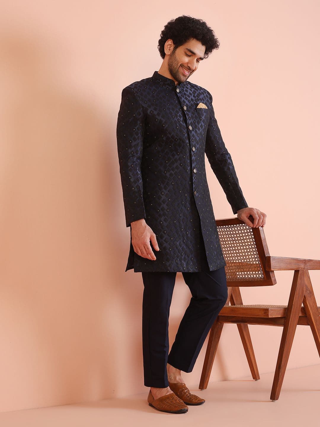 KISAH Men Self-Design Mandarin Collar Kurta Indowestern Sherwani Trouser Set