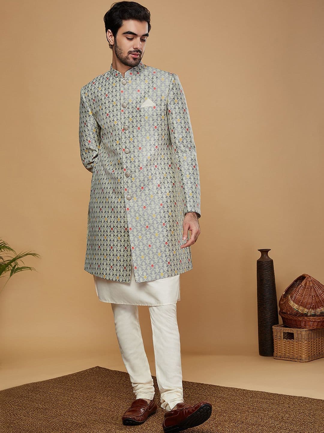 KISAH Men Woven Design Indowestern Sherwani And Churidar Set