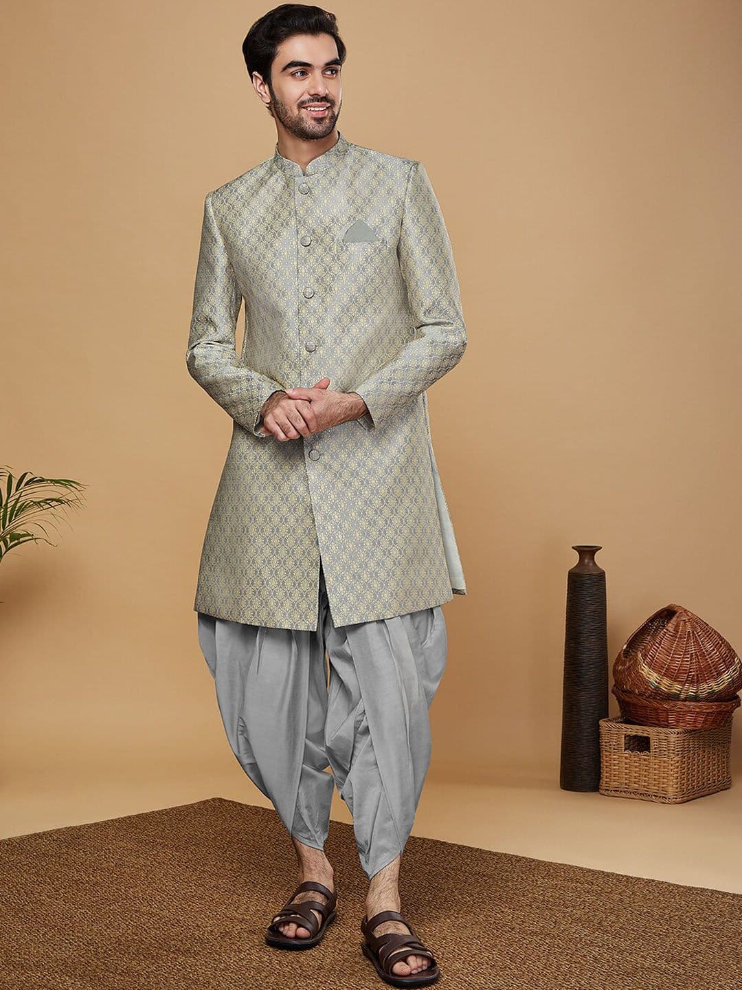 KISAH Men Green Self-Design Mandarin Collar Kurta Indowestern Sherwani Dhoti Set - view 1