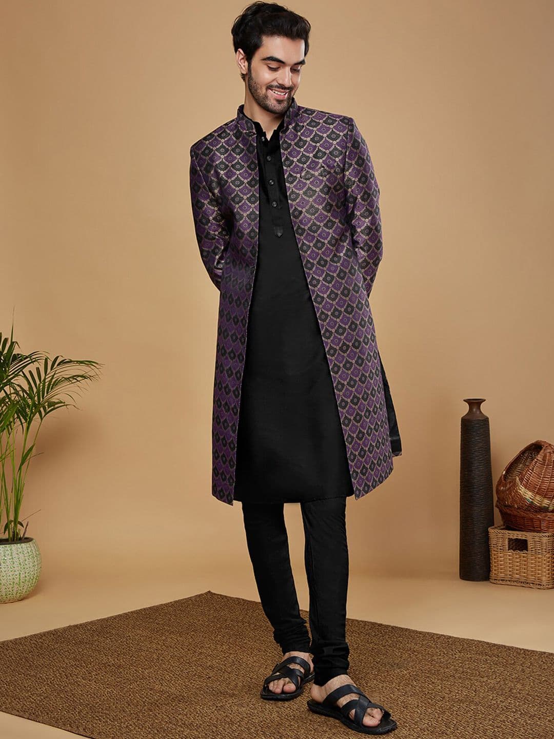 KISAH Men Self Design Linen Kurta With Indowestern Sherwani And Churidar