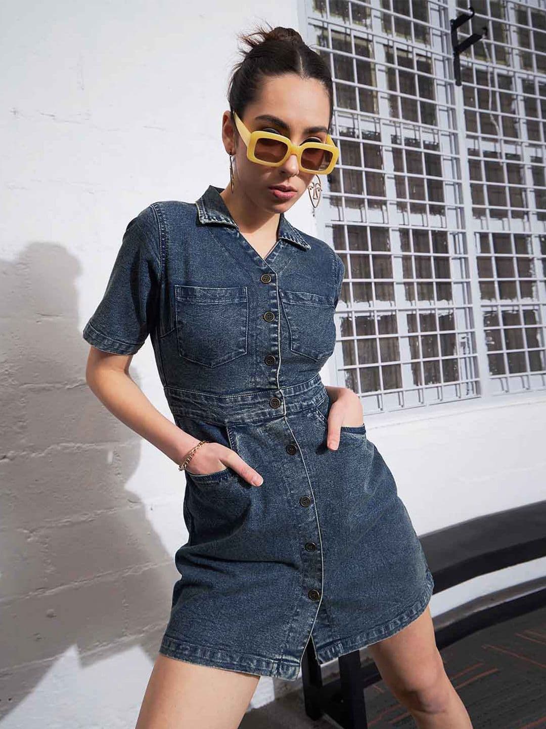 SASSAFRAS Shirt Collar Denim Mini Shirt Dress - view 1