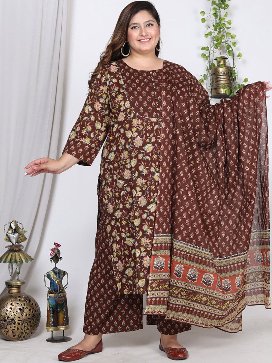 KALINI Plus Size Floral Printed Sequinned Pure Cotton Kurta With Trousers & Dupatta - view 1