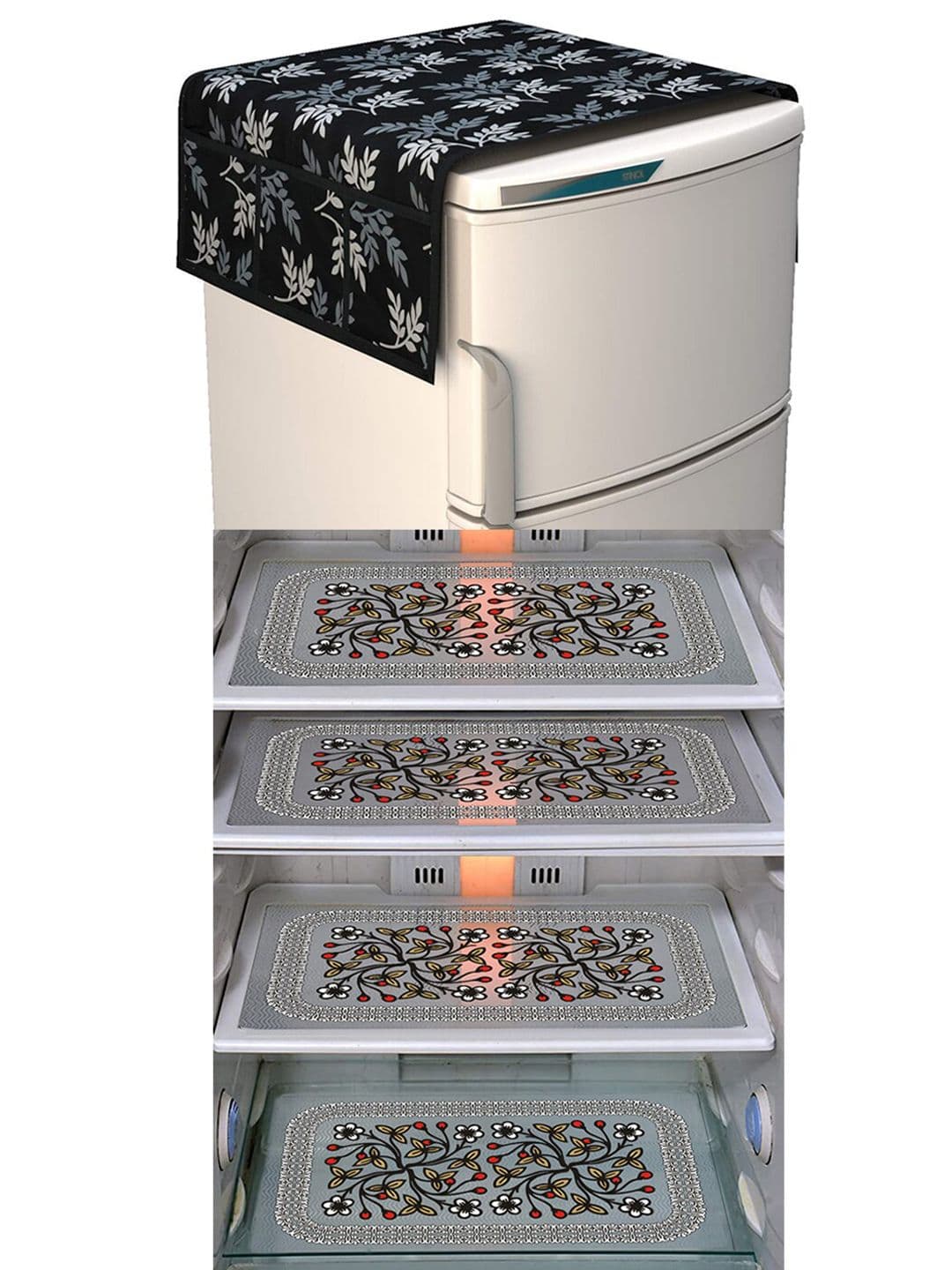 Dakshya Industries Black & Yellow 5 Pieces Printed Fridge Cover & Mats - view 1