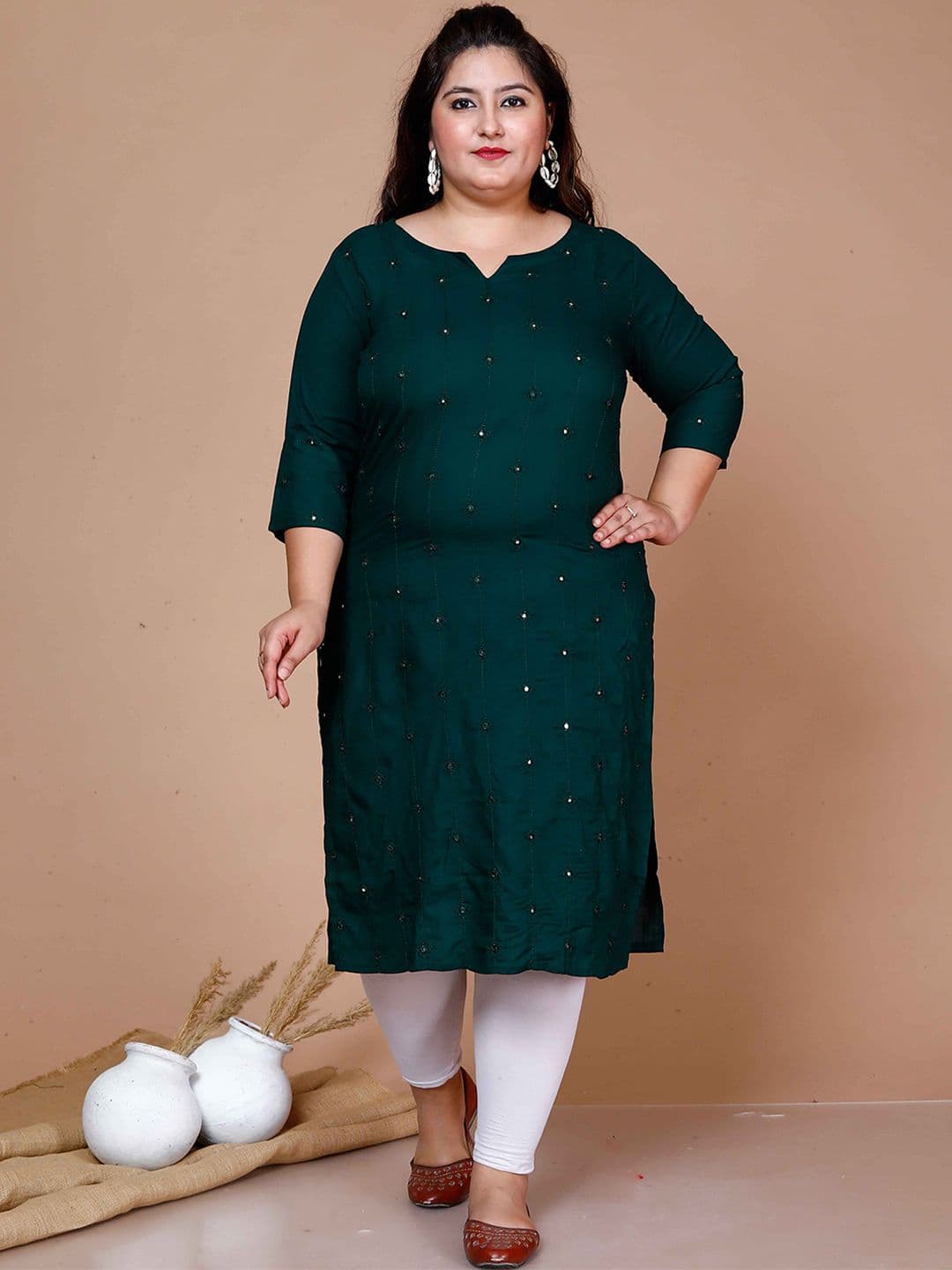 MIRAVAN Plus Size Geometric Embroidered Mirror Work Straight Kurta - view 1