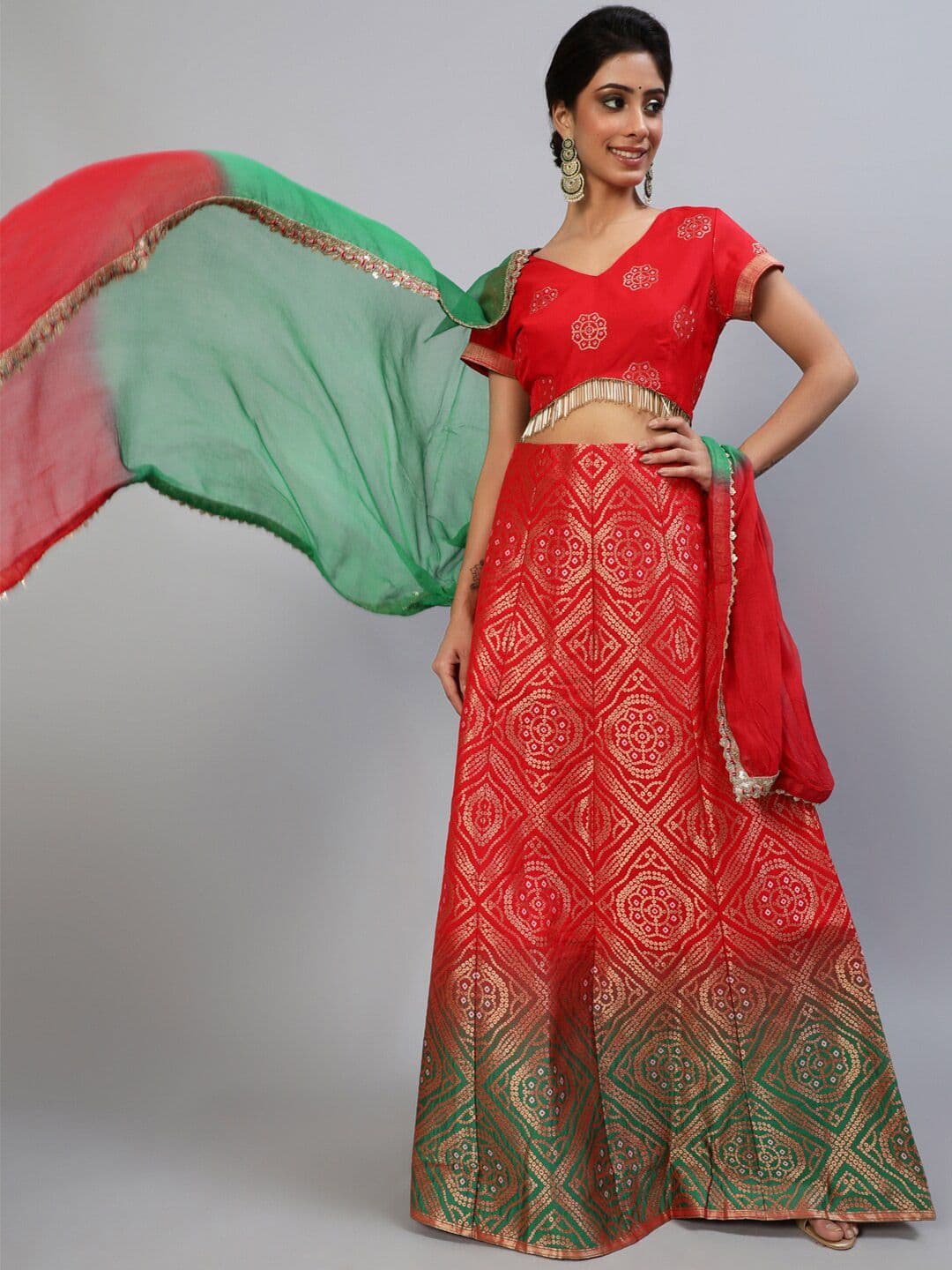 AKS Red Woven Design Ready to Wear Lehenga & Blouse With Dupatta - view 1