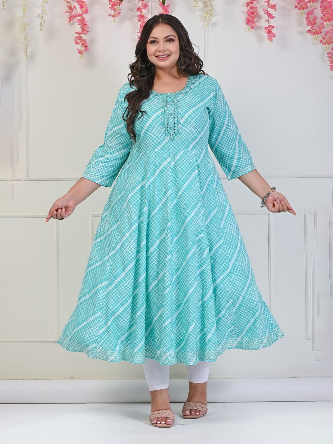 KALINI Plus Size Geometric Printed Pure Cotton Mirror Work Anarkali Kurta - view 1