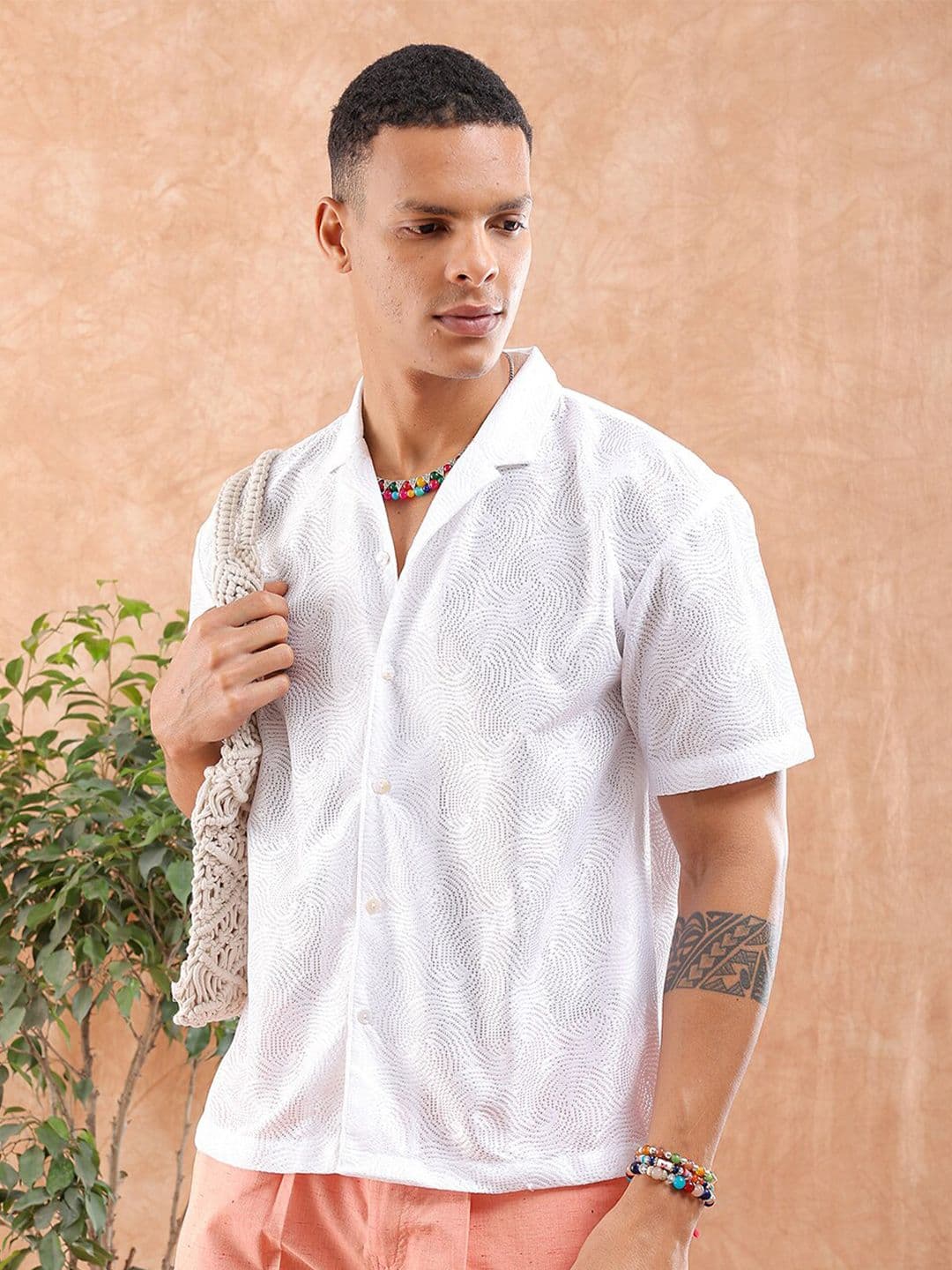 The Indian Garage Co Men Relaxed Fit Solid Warp Knit Lace Resortwear Shirt - view 1