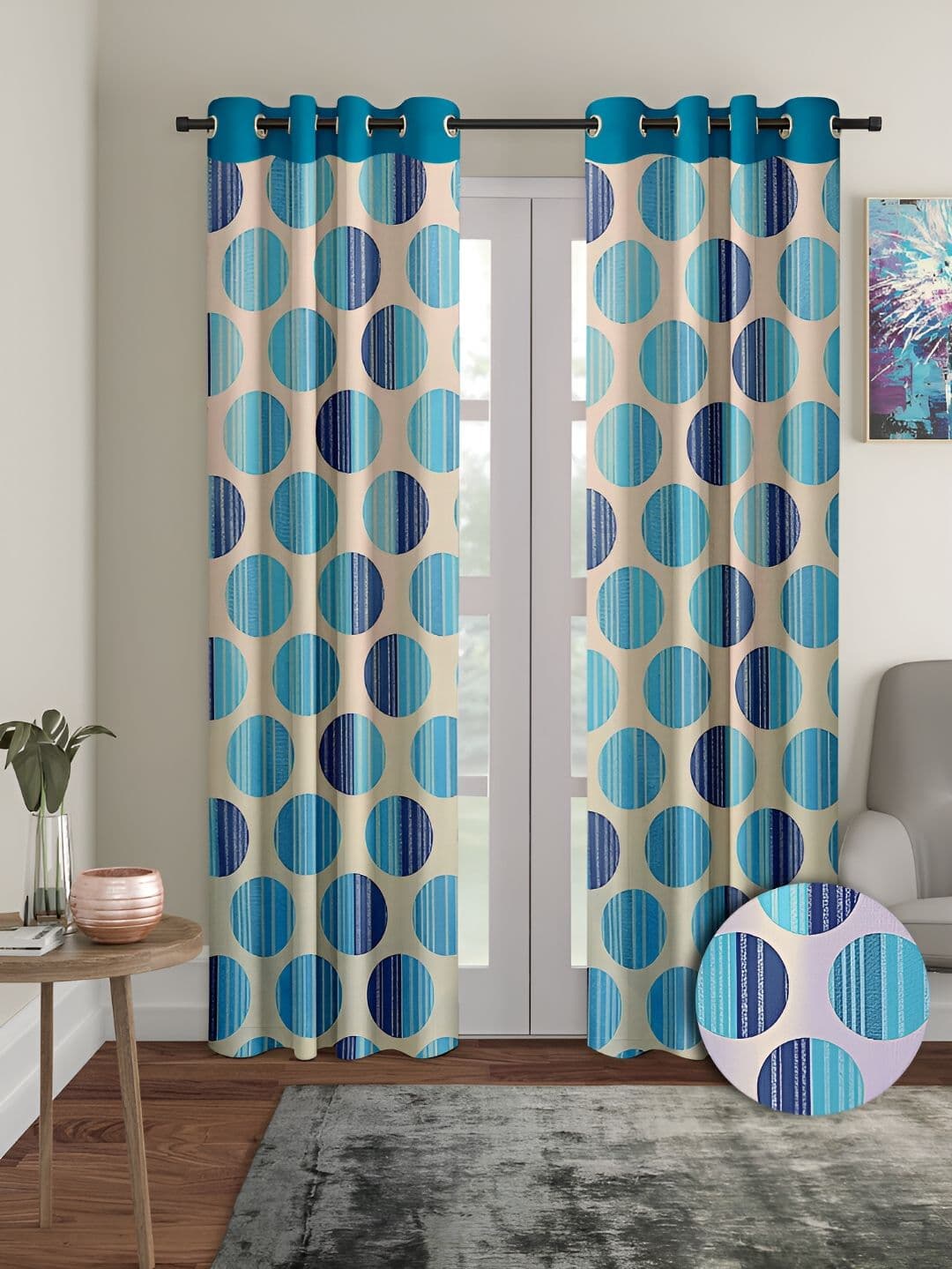Aura Blue & Beige 2 Pieces Geometric Eyelet Long Door Curtains - view 1