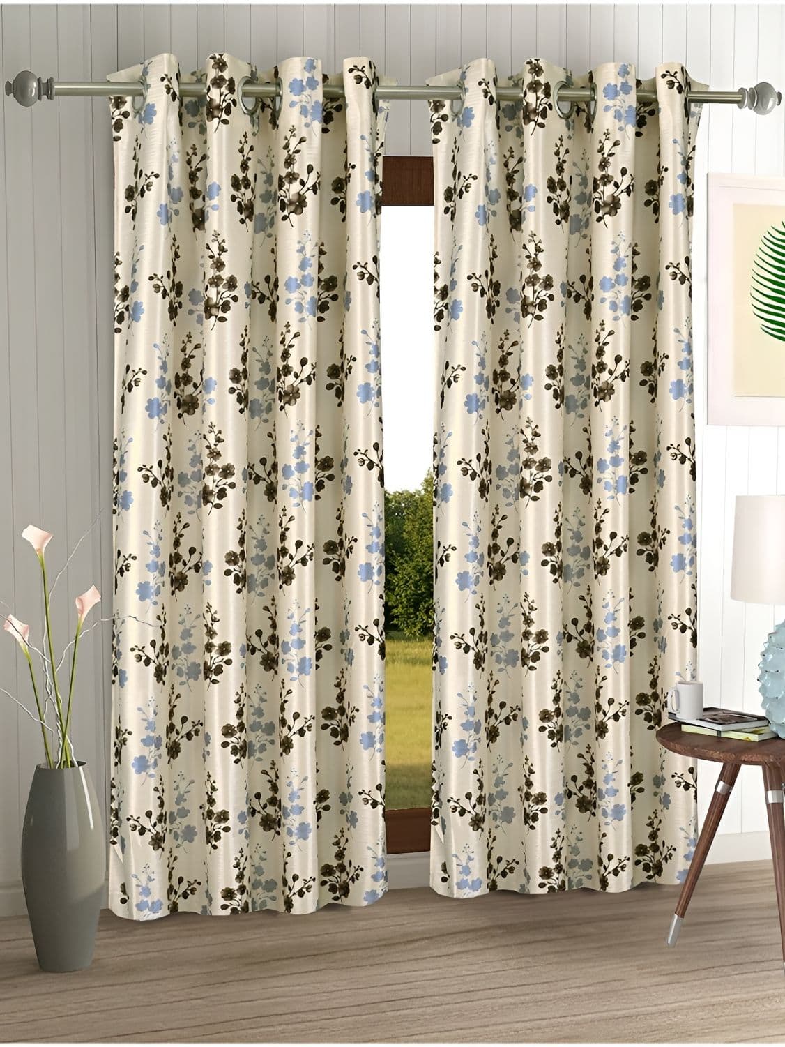 Aura Cream & Brown 2 Pieces Floral Regular Long Door Curtains - view 1