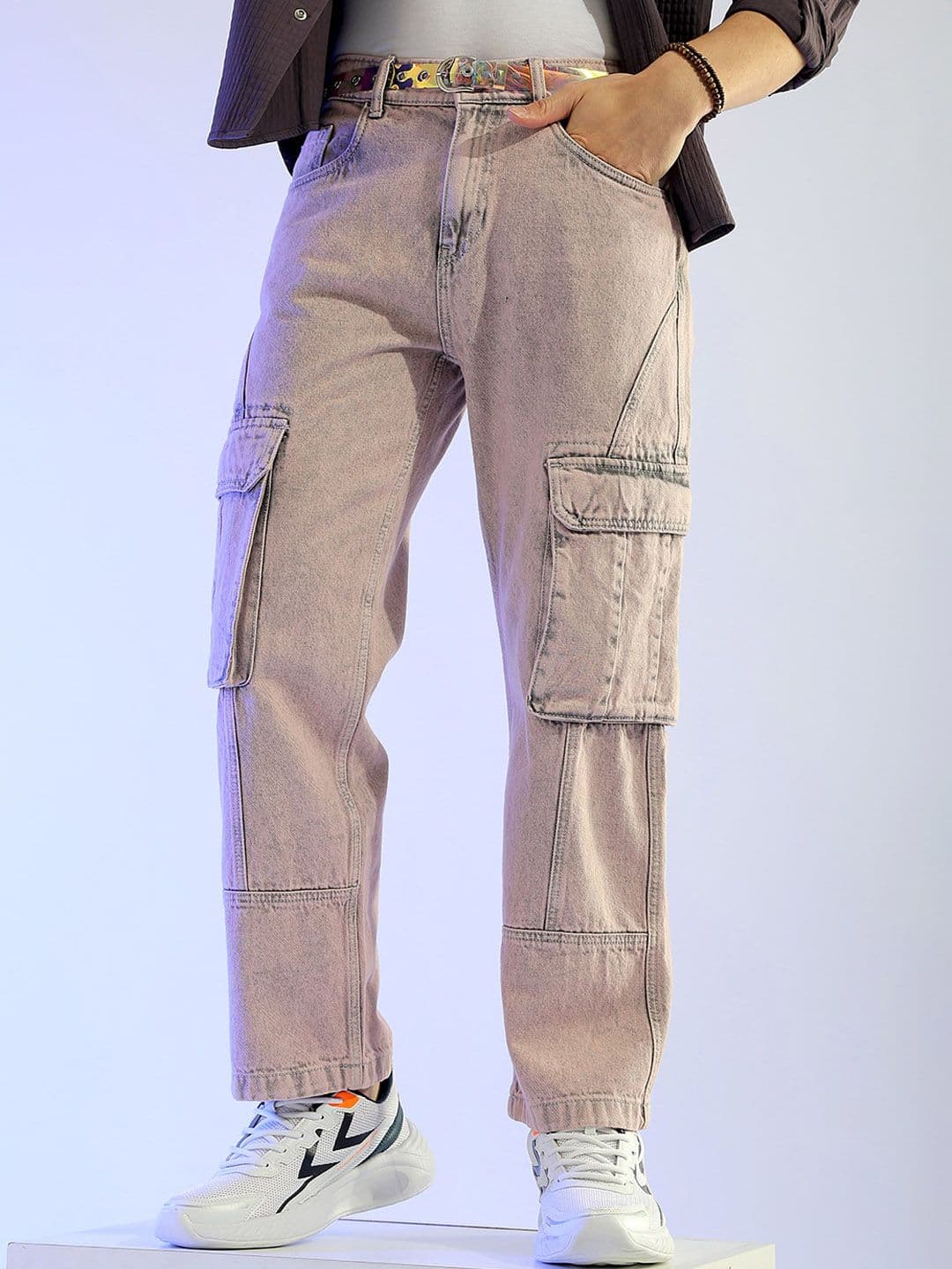 The Indian Garage Co Purple Men Mid-Rise Relaxed Fit Light Fade Cotton Cargo Jeans - view 1