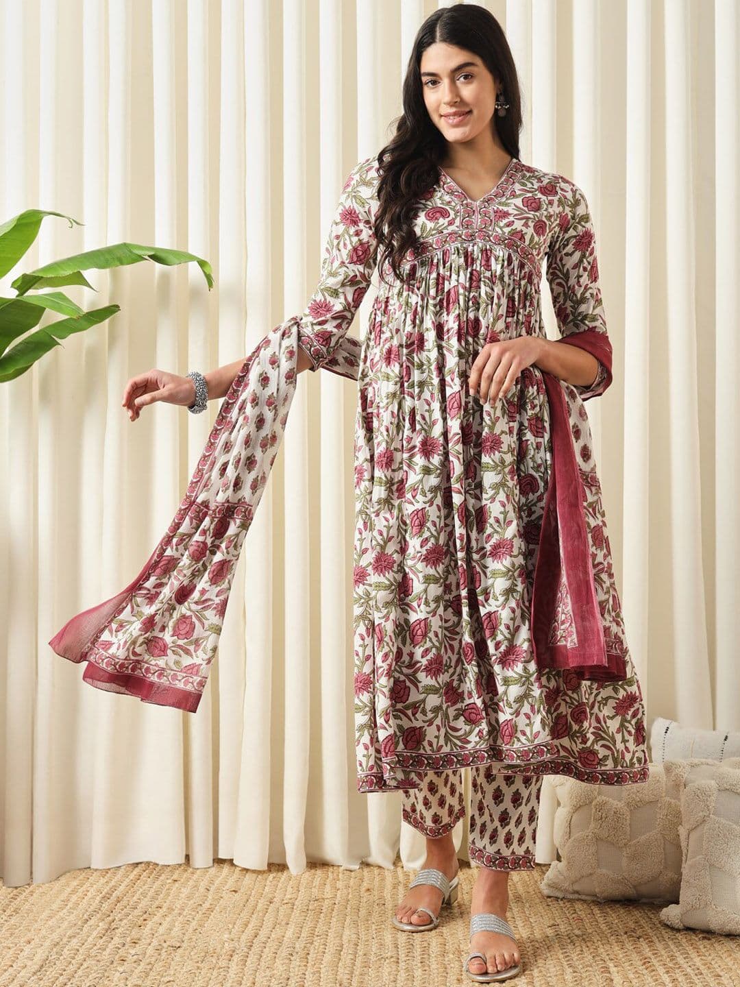 KALINI Floral Printed Pure Cotton Empire Kurta With Trouser & Dupatta - view 1