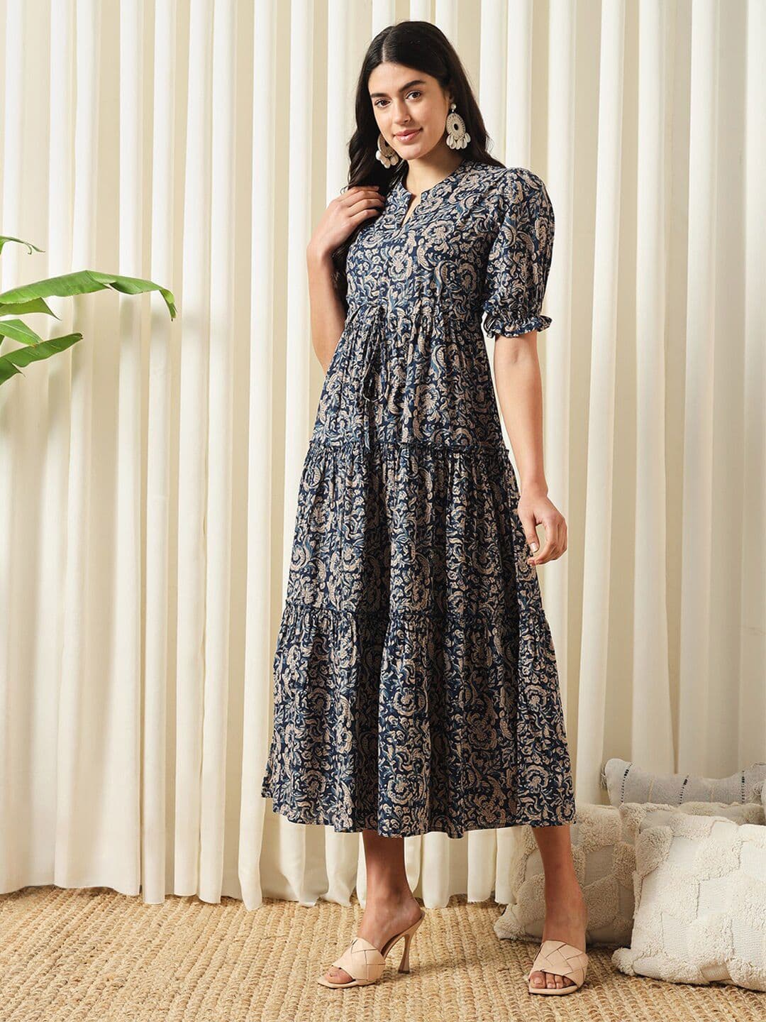 KALINI Floral Printed Mandarin Collar Puff Sleeves Cotton Fit and Flare Dress - view 1