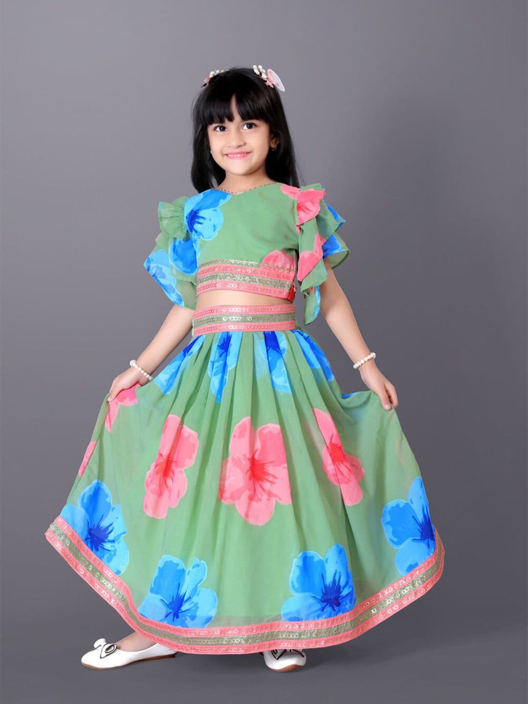 BAESD Girls Printed Flared Sleeves Silk & Georgette Ready to Wear Lehenga With Blouse - view 1