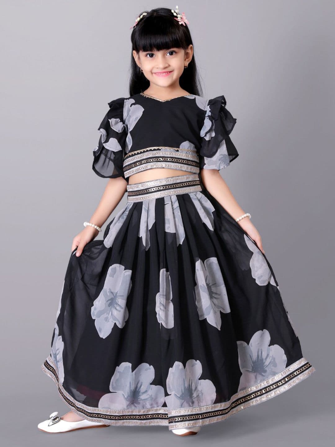 BAESD Girls Printed Flared Sleeves Silk & Georgette Ready to Wear Lehenga With Blouse - view 1