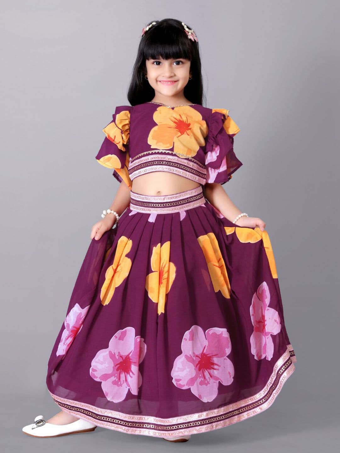 BAESD Girls Printed Flared Sleeves Silk & Georgette Ready to Wear Lehenga With Blouse - view 1