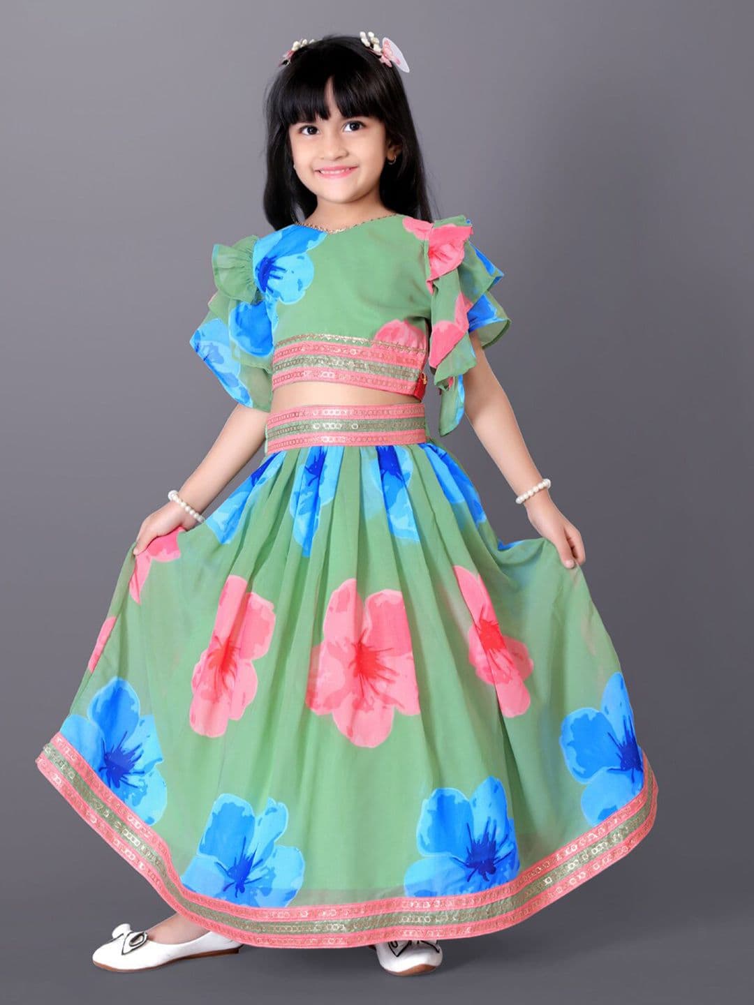BAESD Girls Printed Flared Sleeves Silk & Georgette Ready to Wear Lehenga With Blouse - view 1