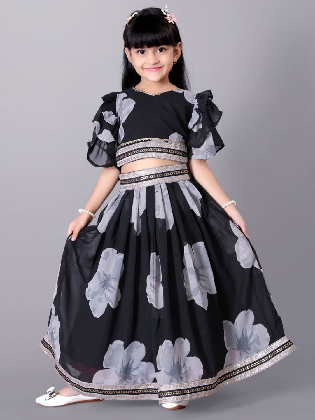 BAESD Girls Printed Flared Sleeves Silk & Georgette Ready to Wear Lehenga With Blouse - view 1