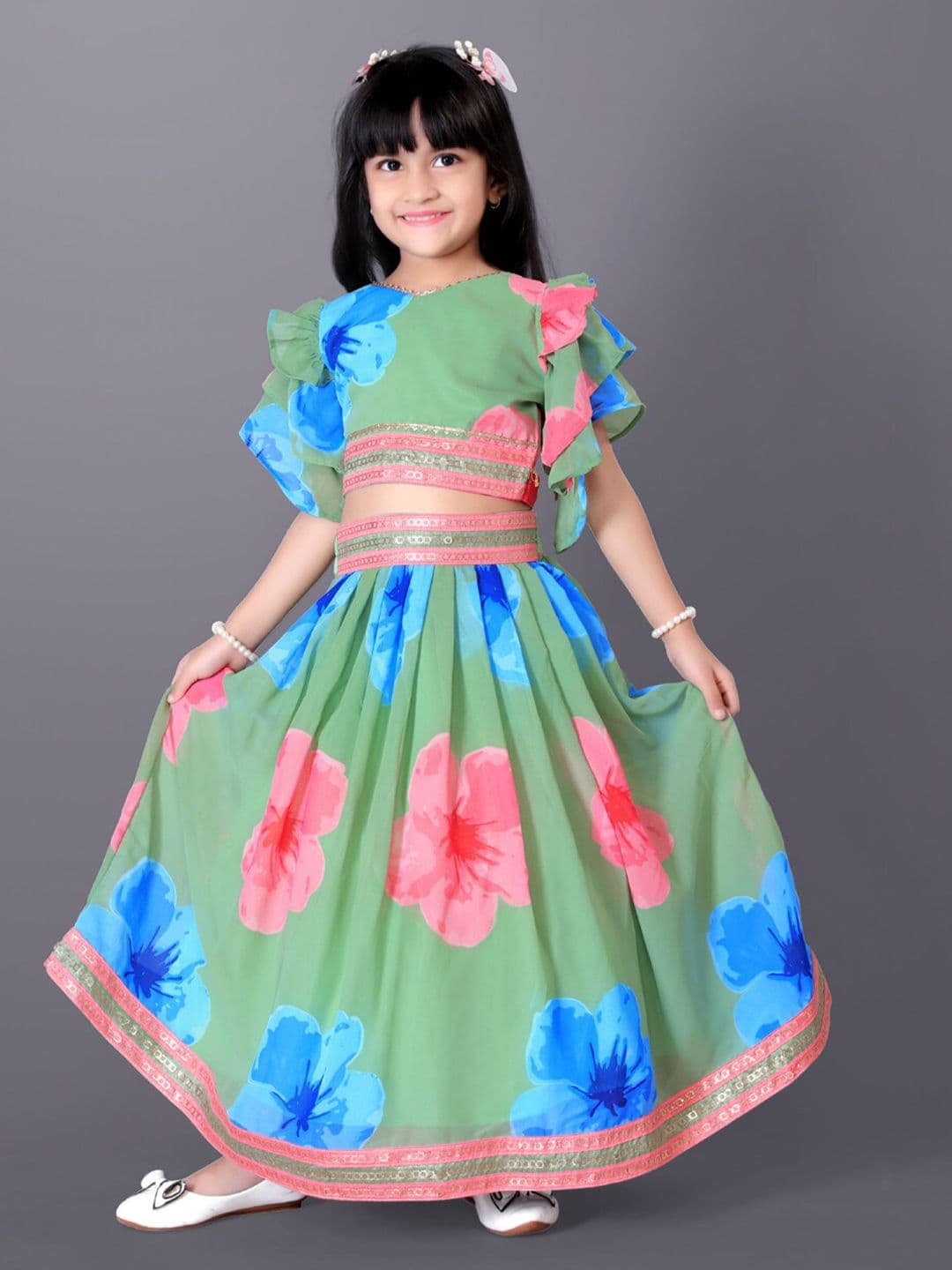 BAESD Girls Printed Flared Sleeves Silk & Georgette Ready to Wear Lehenga With Blouse - view 1