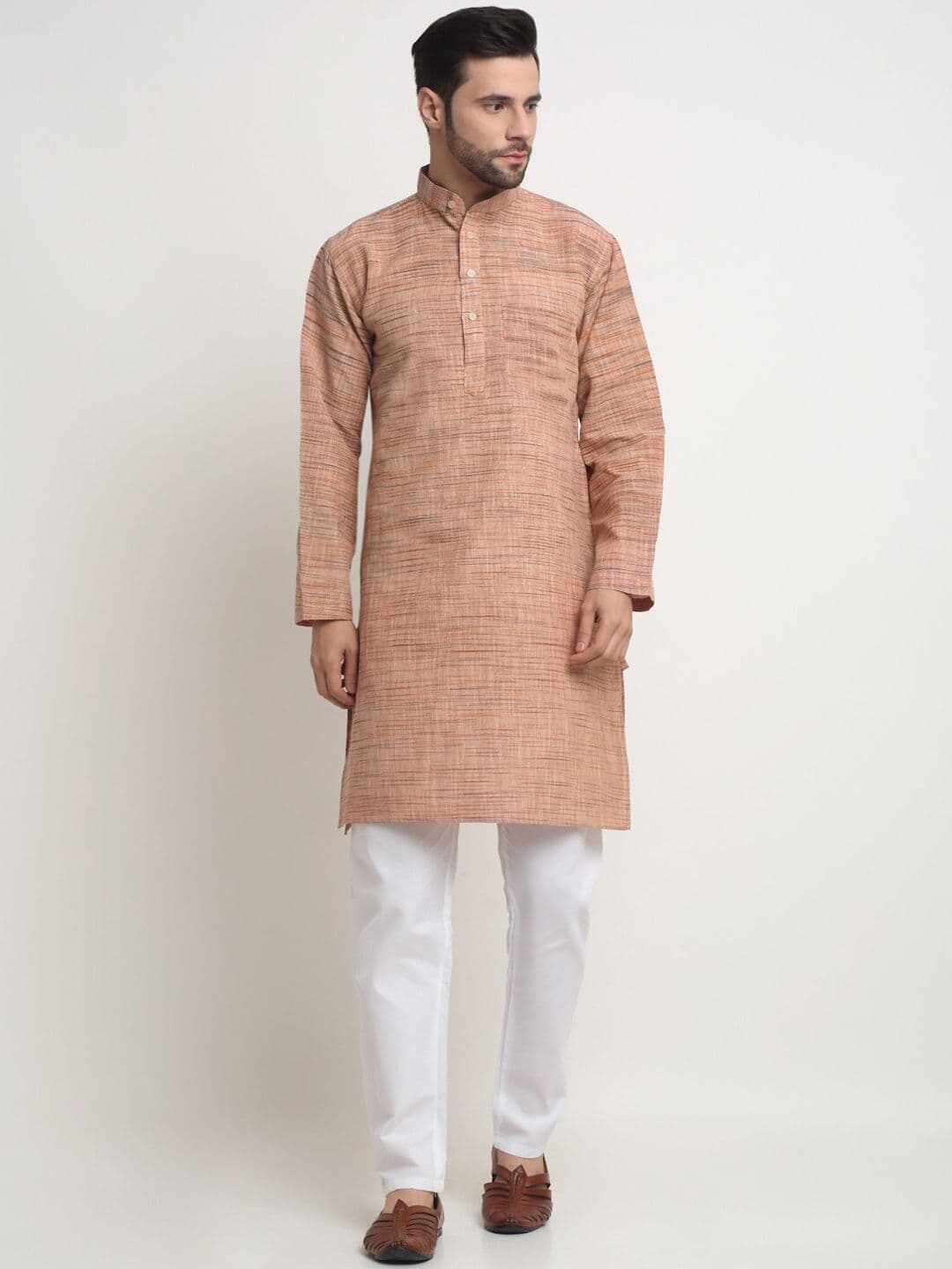 Arrabi Striped Mandarin Collar Pure Cotton Straight Kurta - view 1