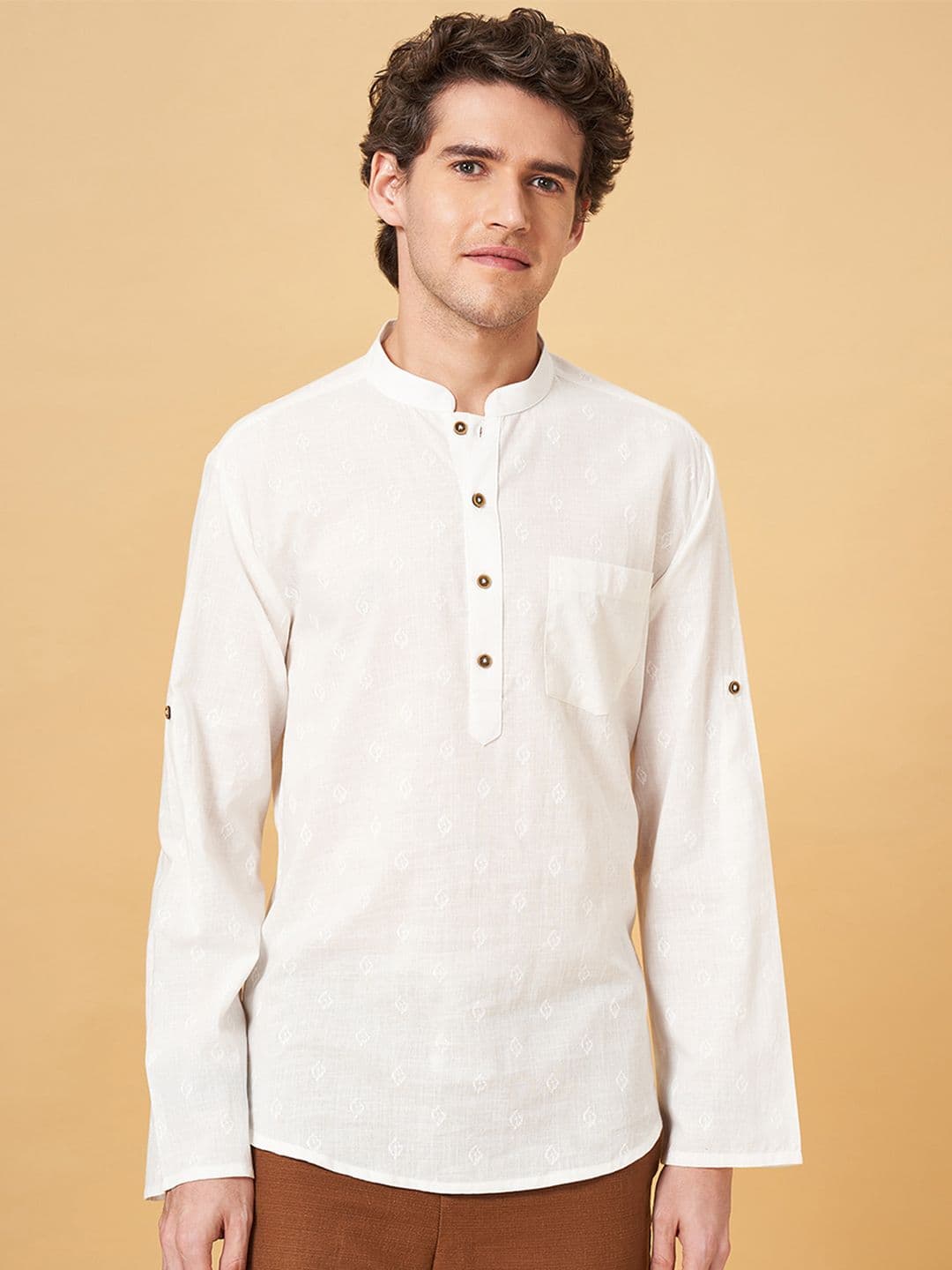 indus route by Pantaloons Ethnic Motifs Woven Design Mandarin Collar Roll Up Sleeves Kurta - view 1