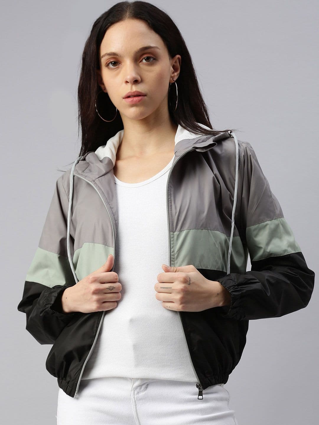 VOXATI Colourblocked Hooded Crop Bomber Jacket - view 1