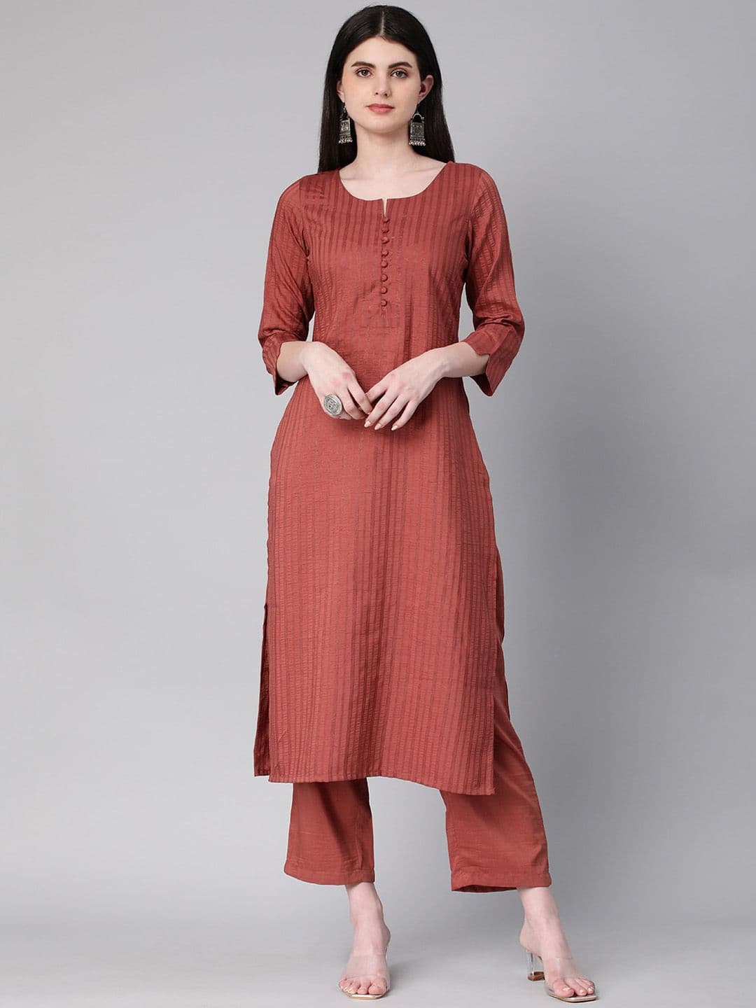 KALINI Striped Printed Round Neck Three-Quarter Sleeves Thread Work Kurta with Trousers - view 1