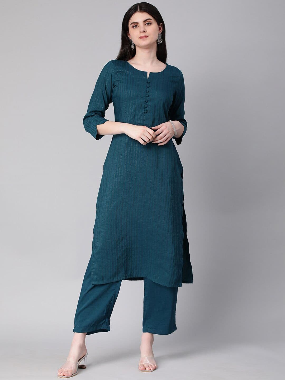 KALINI Woven Design Striped Straight Kurta With Trousers - view 1