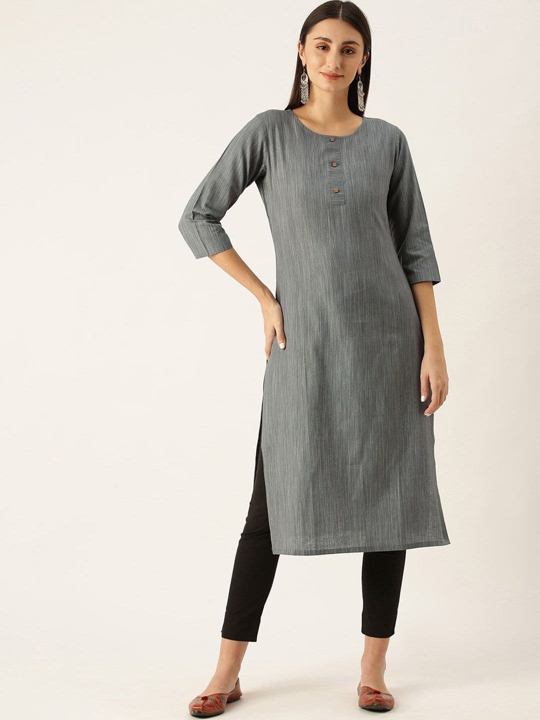 KALINI Round Neck Striped Straight Kurta - view 1