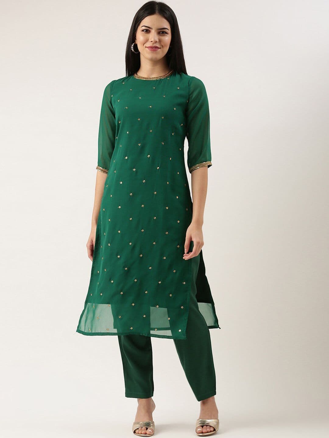 KALINI Embroidered Sequinned Straight Republic Day Kurta & Trousers - view 1