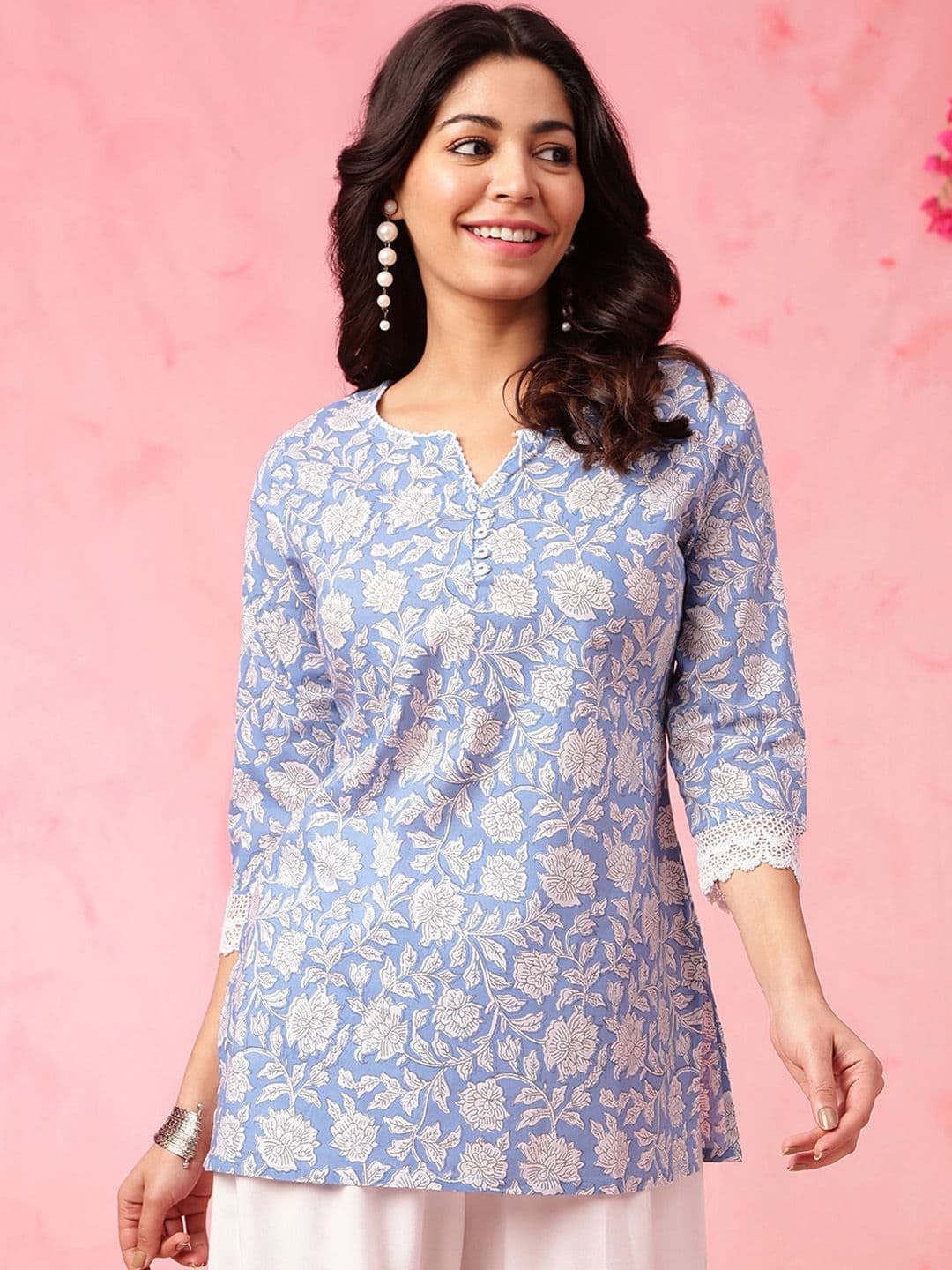 Anouk X fwd Blue Floral Printed Straight Pure Cotton Short Kurti - view 1