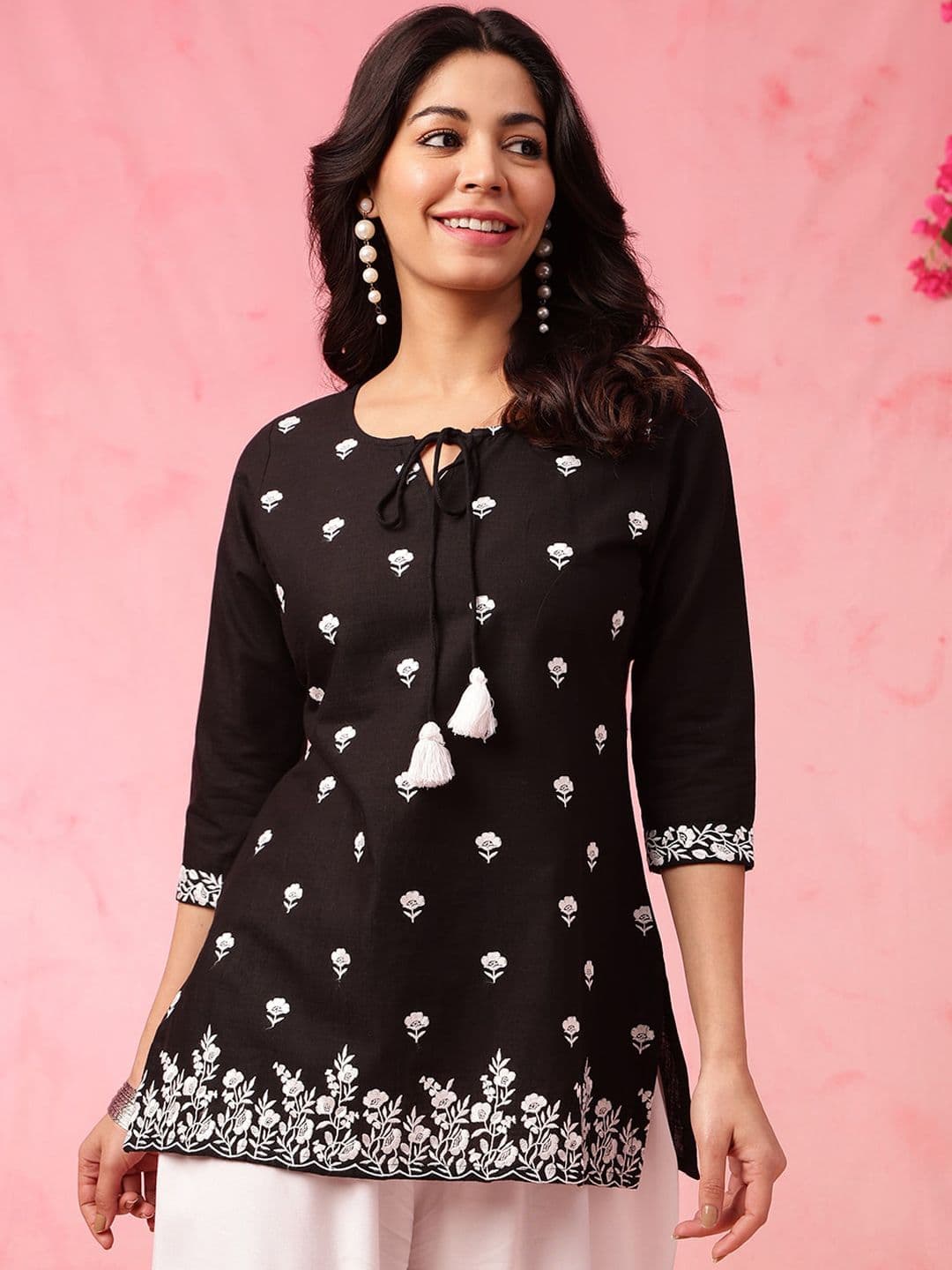 Anouk X fwd Floral Embroidered Sequinned Tie-Up Neck Cotton Short Kurti - view 1