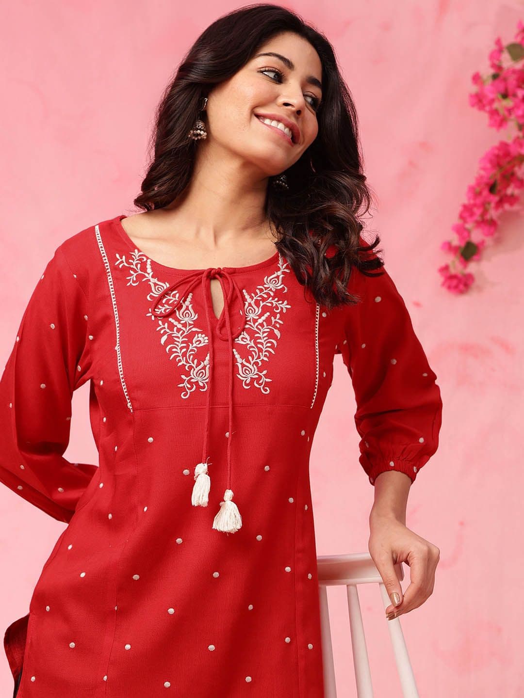 Anouk X fwd Floral Embroidered Tie-Up Neck Straight Short Kurti - view 1
