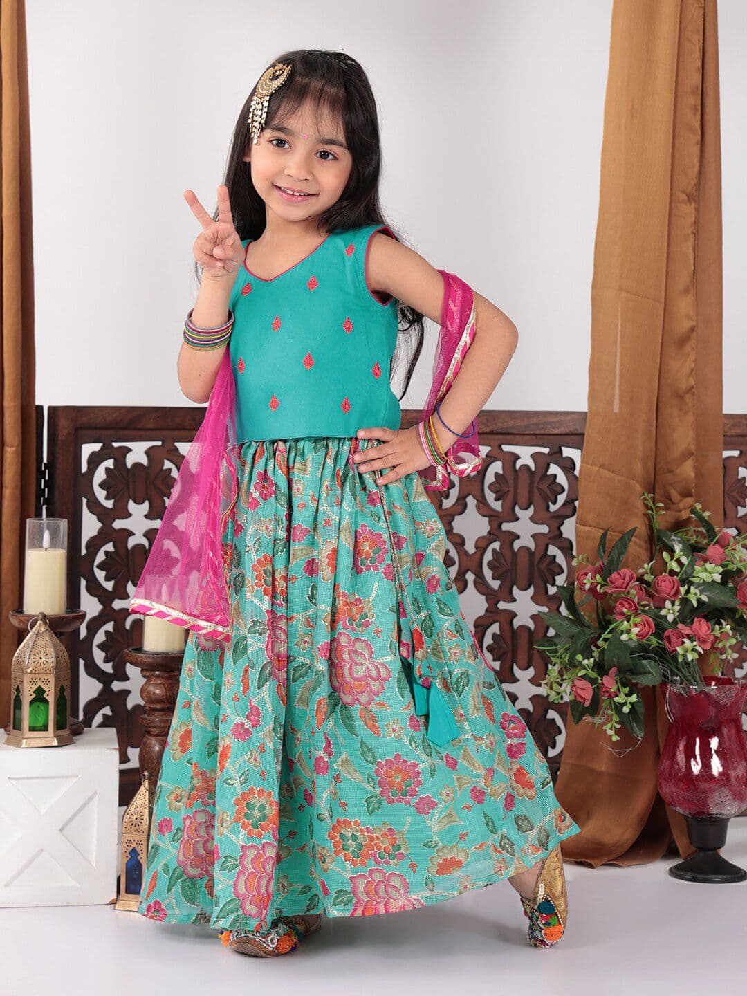 Here&Now X Kinder Kids Girls Embroidered Ready to Wear Lehenga & Blouse With Dupatta - view 1