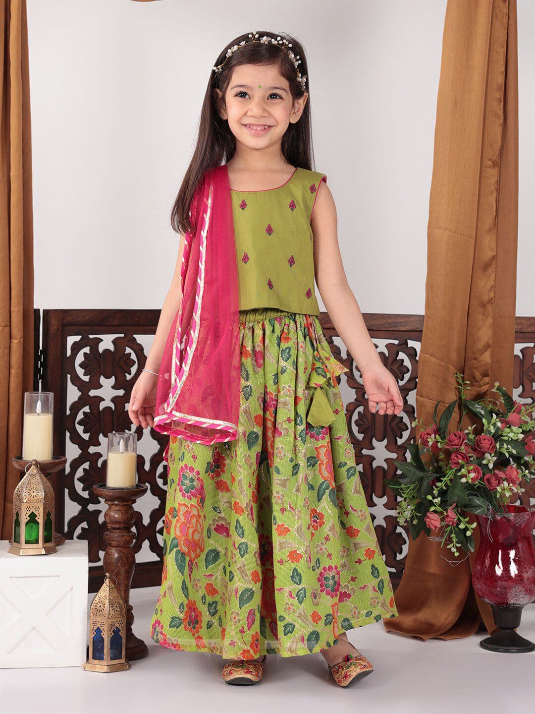 Here&Now X Kinder Kids Girls Embroidered Ready to Wear Lehenga & Blouse With Dupatta - view 1